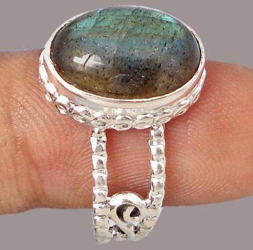 EXOTIC BLUE LABRADORITE OVAL 925 STERLING SILVER RING size 7 1/2