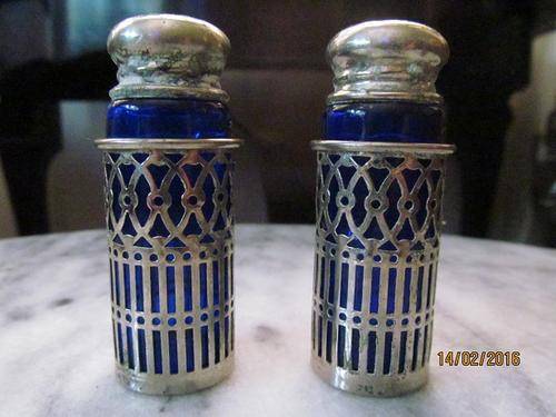 ANTIQUE SILVER PLATED SALT & PEPPER SET- Cobalt Glass-Ready to use