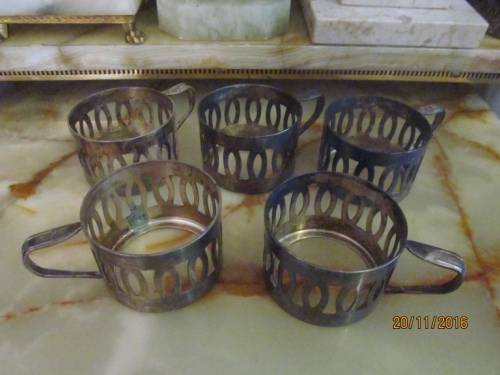 ISRAEL !! Lot of 5 Pierced Metal Vintage Glass Holders with Handles - Hebrew Stamp
