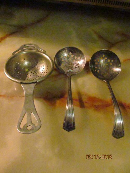 STRAINING TEA!! Lot of Vintage Strainers - 1 Tea Strainer and 2 Strainer Spoons