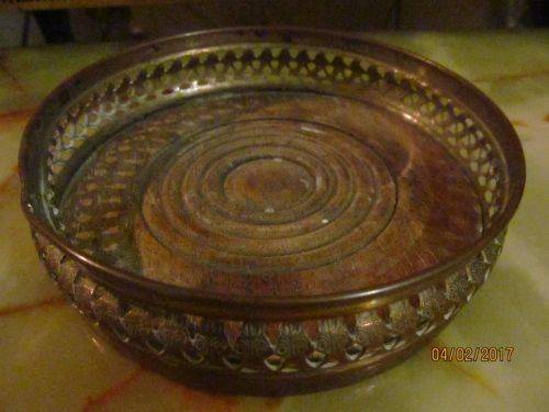 COASTING ALONG !! Vintage Pierced Metal Copper Bottle Coaster with Wood base