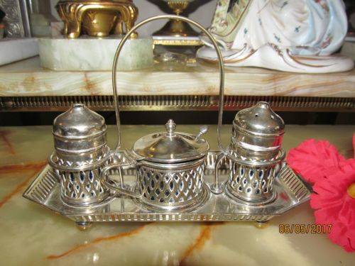 JET SET CRUET !! Vintage Silver Plated Cruet Set on Stand with Cobalt Blue Glass Liners