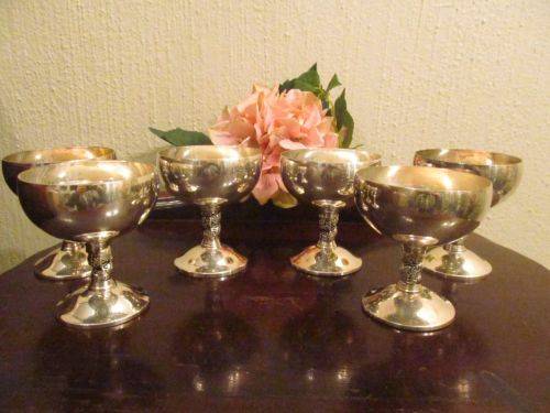 EXQUISITELY SPANISH !! Set of Six Vintage Silver Plated Goblets With Grapeine Stems