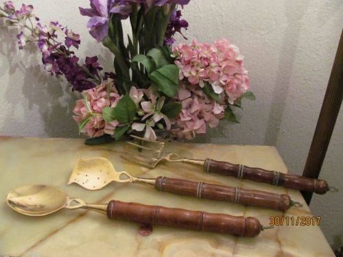 MINUS THE RACK !! Set of Three Vintage Hand Made Brass and Wood Kitchen Utensils