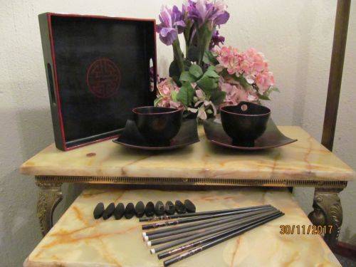 LU SET !! Vintage Chinese Set for Two - Tray with Chopsticks, Rests, Bowls and Plates - All Wood