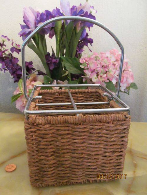 OUTDOOR WICKER !! Vintage Wicker Work Woven Picnic Basket - Condiment Caddy with Metal Frame