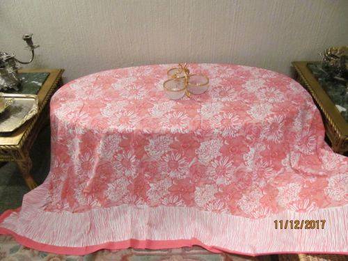 SUVASA !! Large Flamingo Pink Tablecloth with White Floral and Linear Pattern