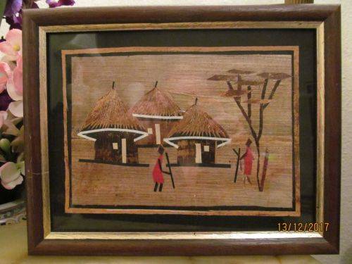 THROUGH A STRAW !! Vintage Framed Hand Made African Straw Art - African Landscape