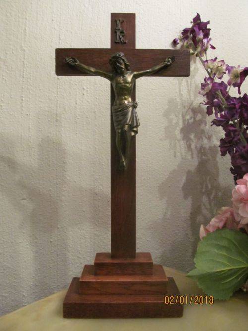 INRI !! Vintage Standing Wood Crucifix with Brass Figure of Jesus and "INRI"