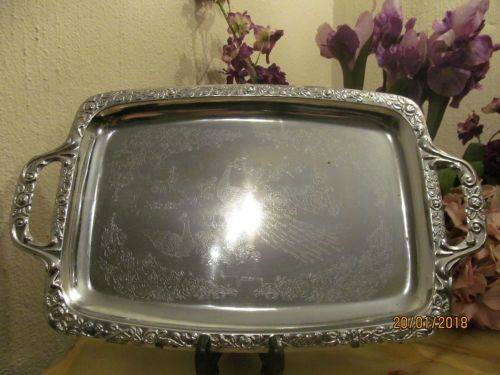 RESPLENDENT ALLURE !! Vintage Silver Plated Serving Tray - Etched Peacocks & Roses in Repousse