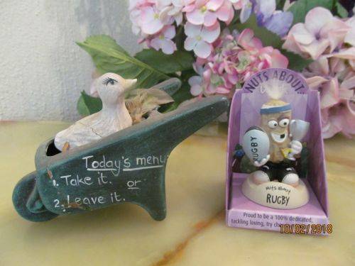 NUTS !! Collectable "Nuts About Rugby" Spring Figurine & Bisque Ceramic Duck in Wheelbarrow
