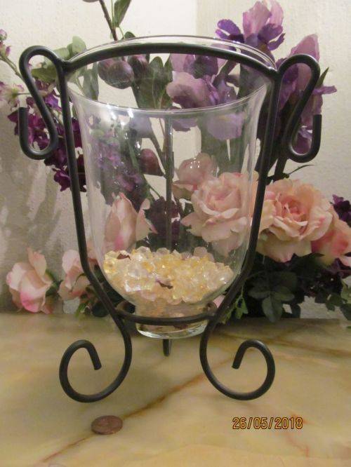 CENTER PEACE !! Vintage Black Wrought Iron Stand with Hand Blown Bell Shape Center Piece Bowl