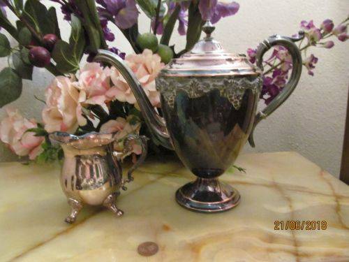 BEYOND THE VINES !! Vintage Old English Norman Style Silver Plated Teapot & Louis Plate Creamer