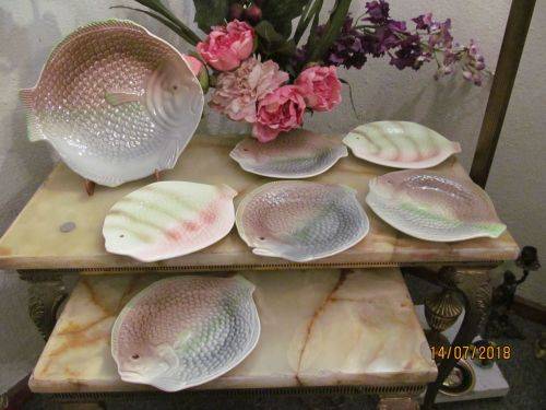 SHORTER & SON !! Rare Set of Six Ceramic Shorter & Sons Fish Design Plates & 1 Serving Platter