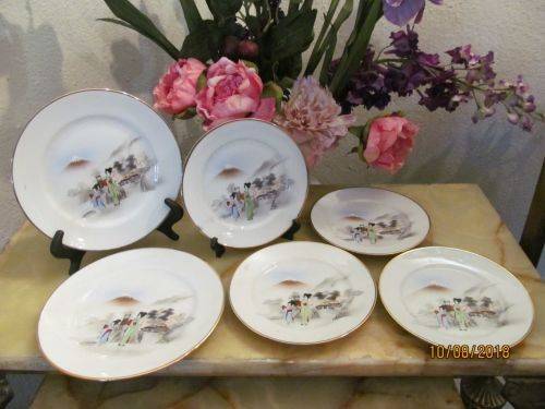 MT FUJI !! Vintage Set/Lot of Six Translucent Fine Porcelain Japanese Teaplates & Side Plates