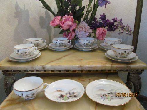 MT FUJI TOO !! Vintage Set/Lot of Seven Wafer Fine Porcelain Japanese Tea Trios