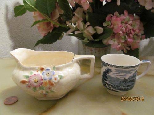 CROWN DEVON !! Vintage Lot of Crown Devon Majolica Creamer & Johnson Bros Demitasse Cup
