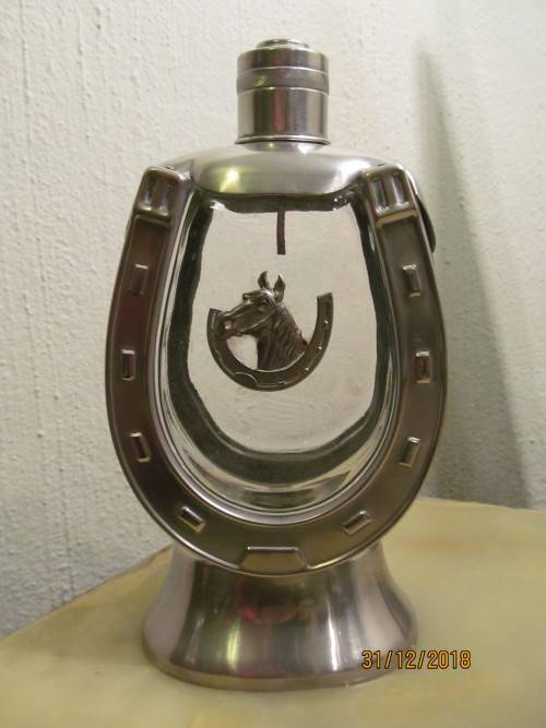 GOOD LUCK CHARM !! Vintage Glass Horseshoe Whiskey Decanter in Metal Casing