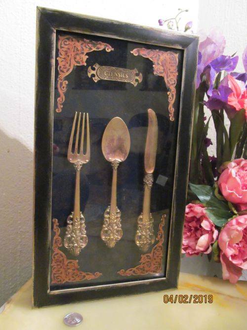 SHADOWS !! Antique Brass Utensils/Cutlery in Shadow Box Frame - Decorative Wall Art
