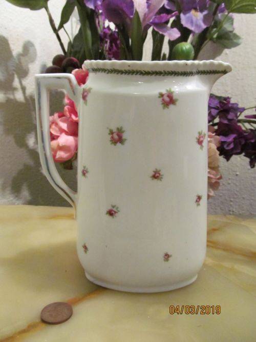 TOUCH OF A ROSE !! Vintage Fine Porcelain Milk / Water Pitcher - Art Deco Handle & Riffled Rim
