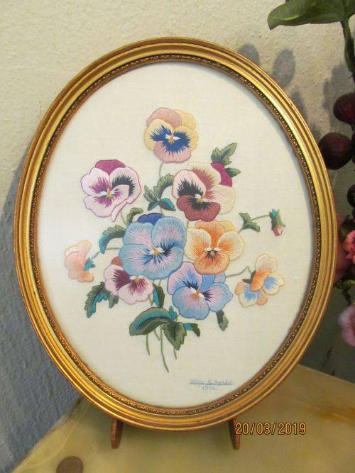 SILKEN JEWEL !! Framed Vintage 1976 Signed Floral Embroidery - Silk on Linen