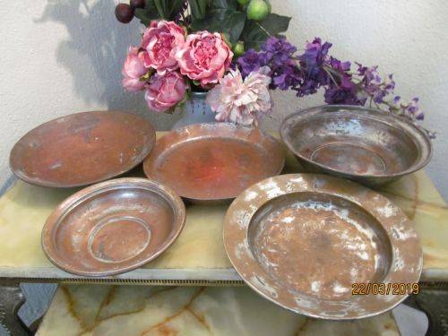PRIME PAST !! Antique Lot of Five Copper Dishes - Tin and Silver Plate Worn off - Rustic / Country