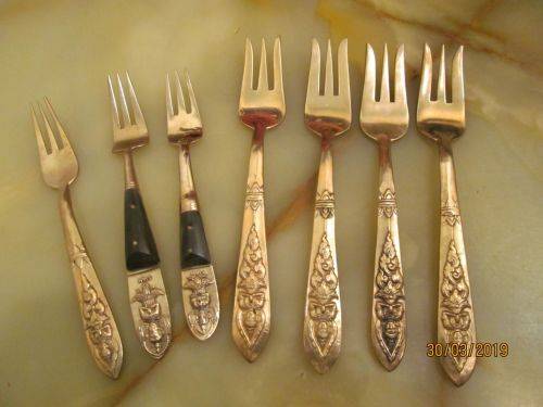 SIAM 2 !! Rare Vintage Lot of 7 Brass Saimese Forks -Variety (2 Cake, 1 Pickle, 4 Meat)