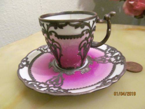 LIMOGES !! Extremely Rare Antique Jean Pouyat Porcelain & Brass Overlay Demitasse Duo