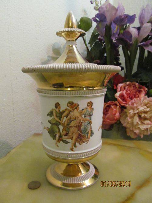 FLORENTINE !! Vintage Hand Made Lidded Italian Florentine Porcelain Urn - Florence, Italy