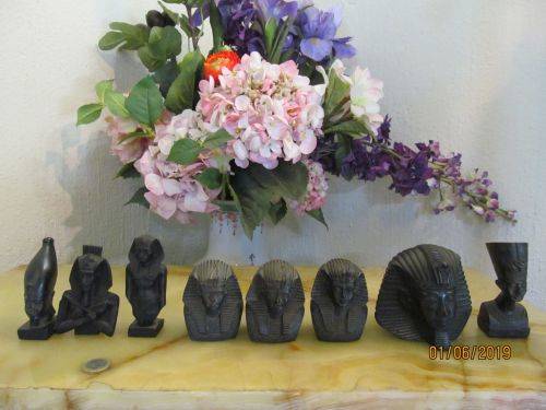 PANTHEON !! Vintage Lot of Eight Carved Black Basalt Egyptian Figurines - Two Very Rare