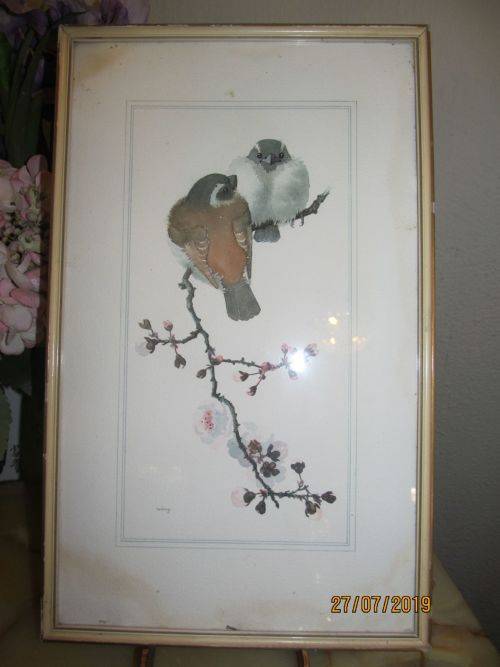 ABOVE THE BLOSSOMS !! Vintage Framed Watercolor Painting - Birds with Blossoms - Signed