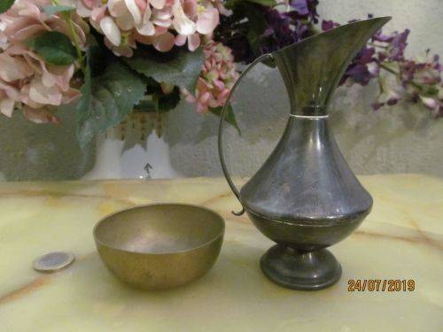 JUST SHINE !! Vintage Lot of Ornamental Silver Plated Pitcher & Brass Trinket Dish