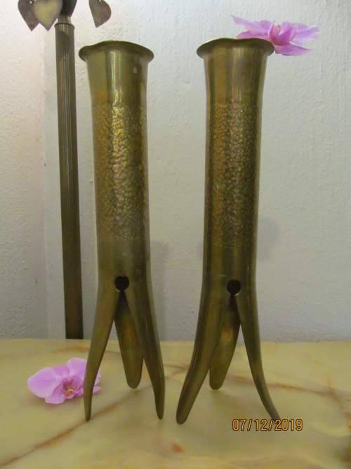 CHIC IN BRASS !! Vintage Lot/Pair of Two Hand Made Tall Solid Brass Vases