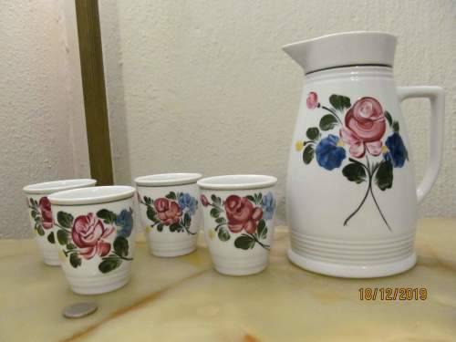 LILIEN !! Vintage 1970's Hand Painted Austrain Set of Pitcher/Carafe & 4 Cups - Josefine Gluh