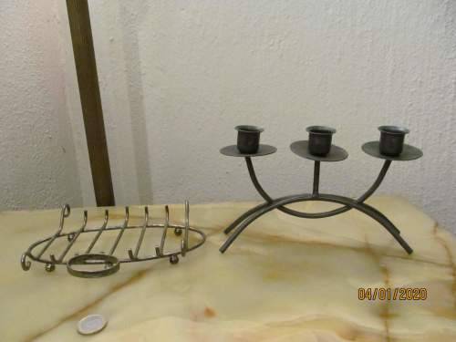 MIDNIGHT SPECIAL !! Vintage Lot of Art Deco Metal 3-Socket Candelabra & Silver Plated Trivet