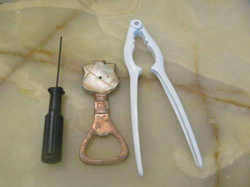 MIX !! Vintage Lot of White Enameled Nutcracker, Bottle Cap Opener & Allen Key with Grip