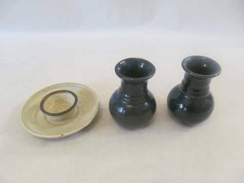 CERAMICA !! Vintage Lot of Ceramic Pair of Blue Vases, 1 Candle Holder & Studio Pottery Tray