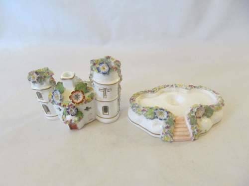 FLORAL CHURCH !! Vintage Collectable 2-Piece Ceramic Church Figurine with Capodimonte Style Flowers
