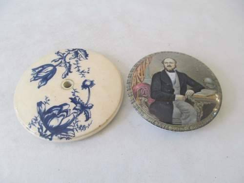 PRATT !! Antique Lot of Two Different Rare Ceramic Pot Lids - 1 Prattware (1861-1862)