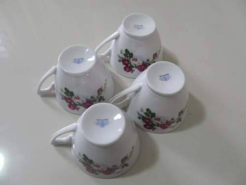 ROSES !! Vintage Lot of 4 Identical Fine Porcelain Teacups - Rose Patterning