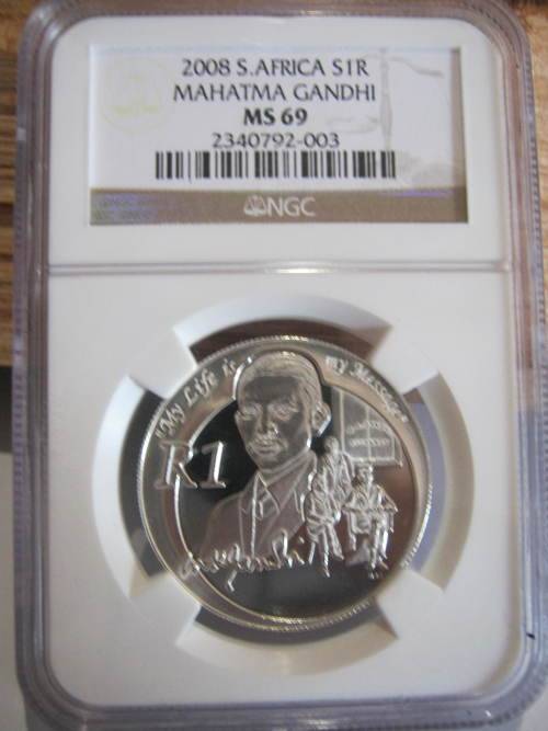 2008 Mahatma Gandhi silver R1 graded MS69 by NGC