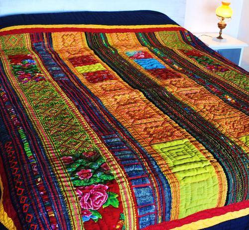 Exquisite Hand-Made Hmong Quilt - Vintage Fabrics - Patchwork - From Vietnam