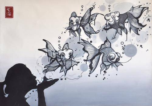 Blowing Fish Bubbles - Original Oil On Canvas from Vietnam