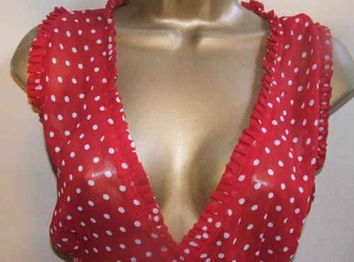 Size 10 or 12 ( 34 / 36) New pretty silky red and white polka dot dressy shirt top for ladies.