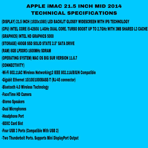 Apple iMac 21.5 Inch Mid 2014 Intel Core i5 480GB SSD/8GB RAM (3 Month Warranty)