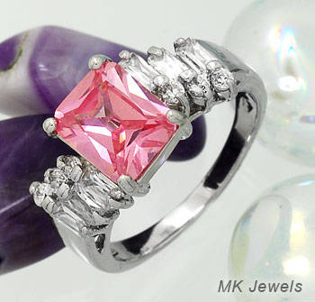Exquisite Simulated 10mmx9mm Emerald cut Pink Sapphire & diamond Ring - Size 9