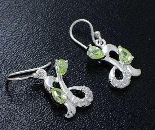 SOLID Sterling Silver simulated peridot & diamond Drop Earrings