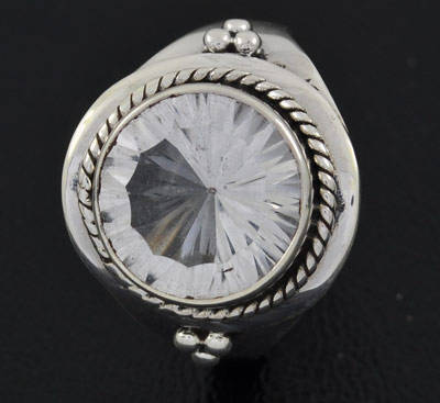 Genuine Brilliant round cut Clear Quartz Solid Sterling Silver ring - Size 8