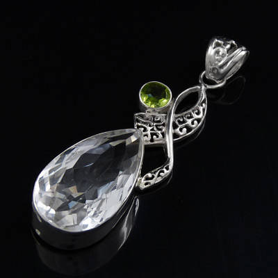 Luxurious Sterling Silver Hand-made Pendant with Huge Genuine Clear Crystal & Peridot Stone