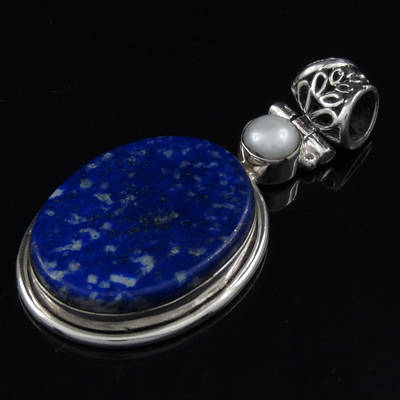 Luxurious Sterling Silver Hand-made Pendant with Genuine Lapis Lazuli & Pearl